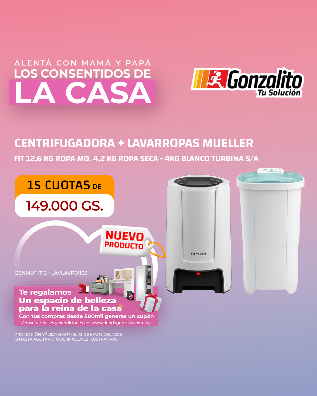 COMBO LAVARROPAS MUELLER SUPER POP BLANCO TURBINA SEMIAUTOMÁTICO + CENTRÍFUGA MUELLER DRY BLANCO