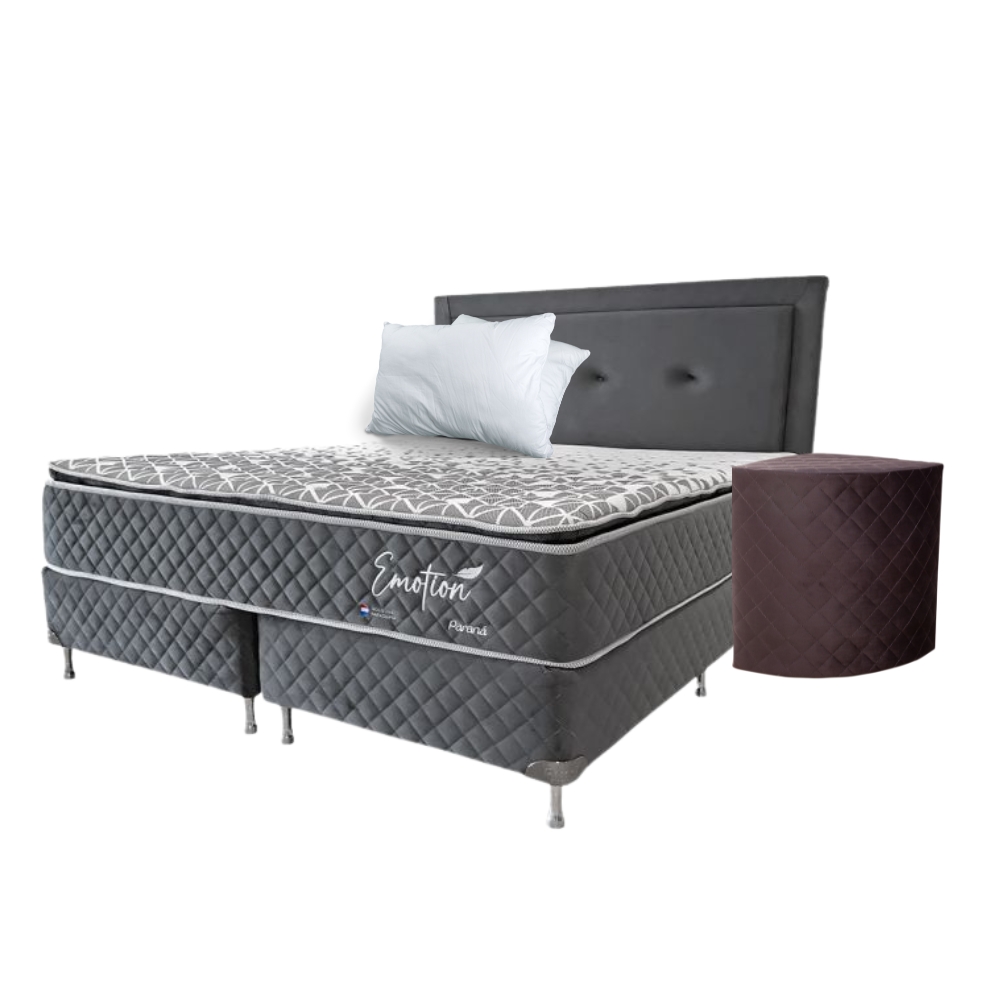 SOMIER COMPLETO EMOTION PT 1.80X2.00 110K GRIS BASE DIVIDIDA + 2 ALMOHADAS