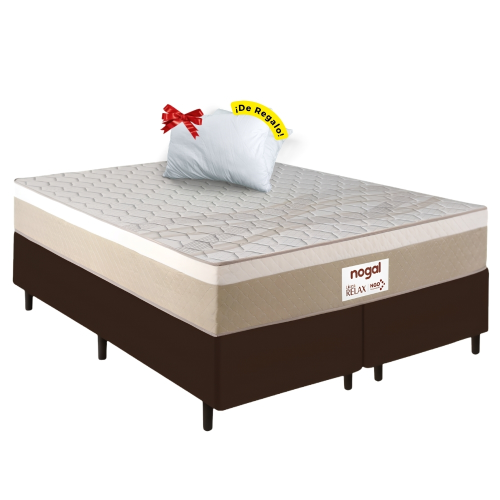 SOMIER NOGAL RELAX QUEEN 1.58X1.98 MARRON BASE+COLCHON + 2 ALMOHADAS