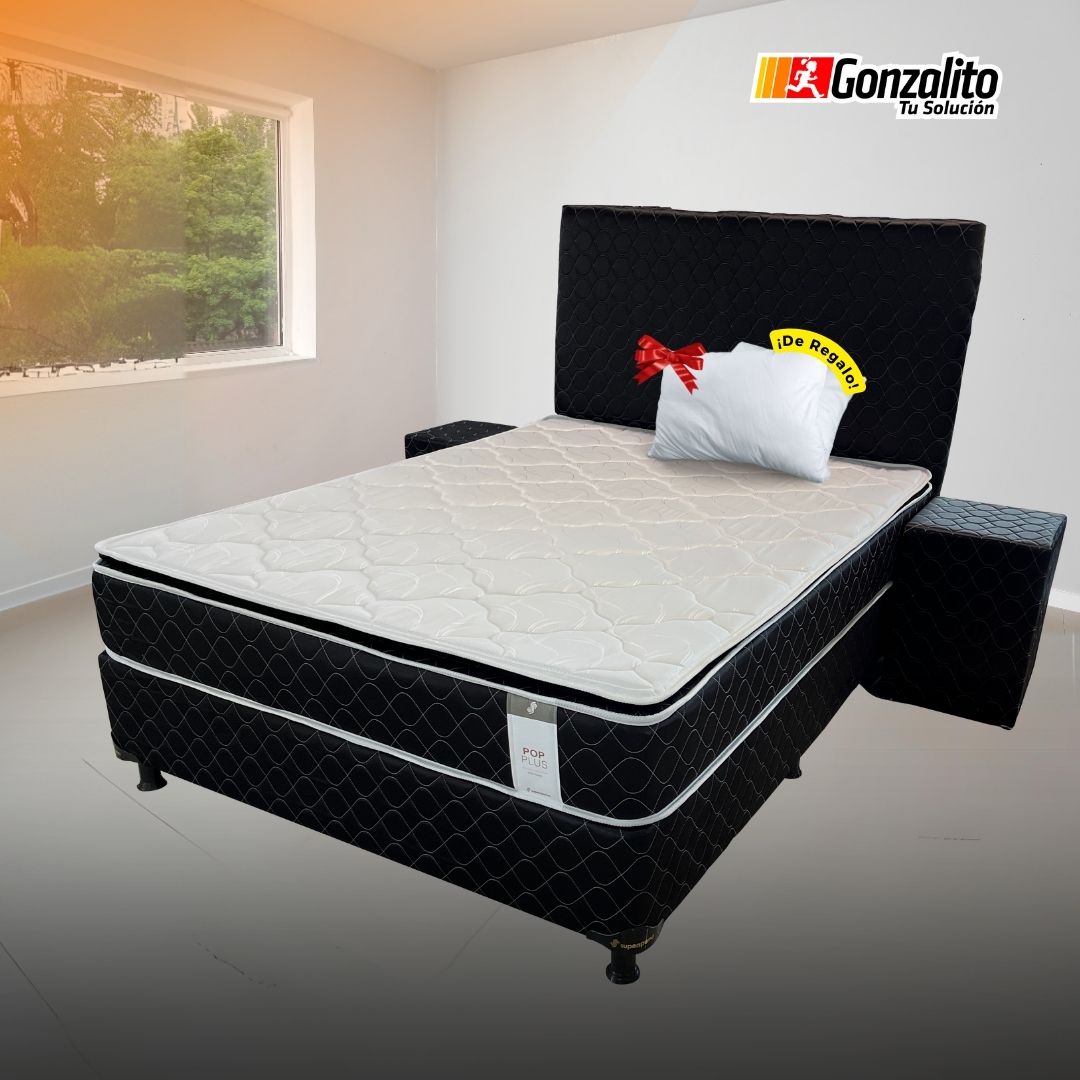 SOMIER COMPLETO POP PLUS C/PILLOW 1.40X1.90 75K NEGRO